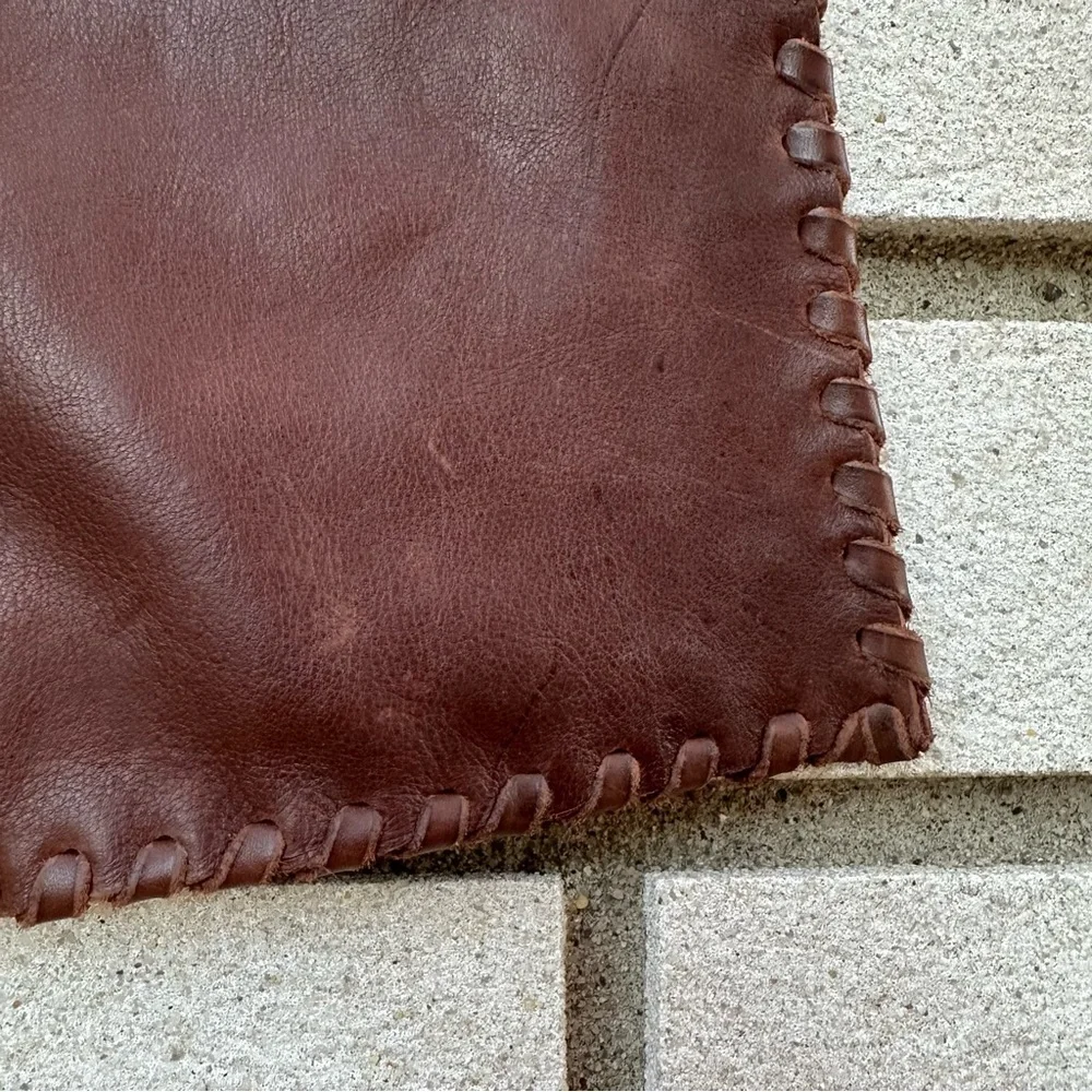 Handmade Brown Leather Beaded Shoulder Bag Tote Purse Whipstitch Edge Tie Straps